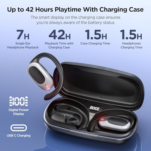 Open Ear Wireless Headphones Air Conduction Earbuds with Mic 42H Playtime Clear Calls LED Digital Display Over Earphones L...