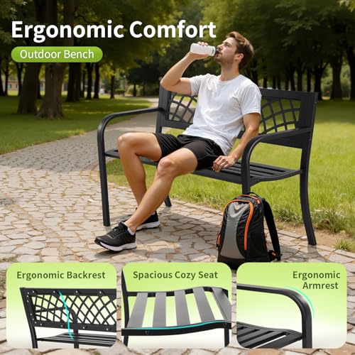 Garden Bench,Outdoor Benches,Iron Steel Frame Patio Bench with Mesh Pattern and Plastic Backrest Armrests for Lawn Yard Po...