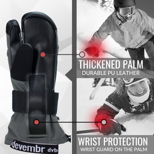 devembr Three-Finger Ski Gloves with Wrist Guards, Warm Snowboarding Gloves (Black/Gray)