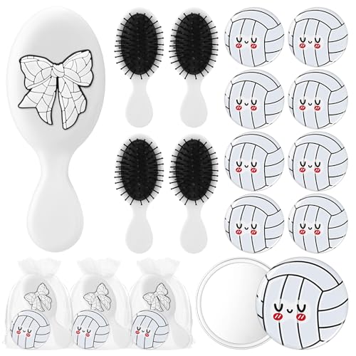 Wonderjune 12 Set Mini Hair Brush Bulk Compact Mirror with Bags Sports Party Favor Team Gift for Women Curly Thick Straigh...