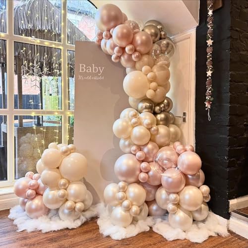 Double Stuffed Pearl White and Pink Balloons, 50pcs Double Stuffed Pearl Sand White Dusty Retro Pink Latex Balloons for Wo...
