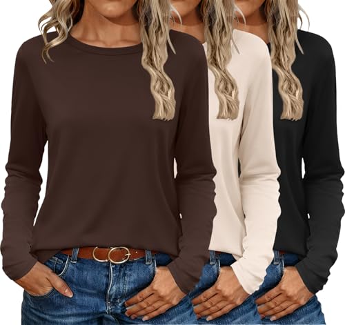 Ekouaer 3 Pack Long Sleeve Shirts for Women Crew Neck Thermal Tops Lightweight Base Layer Undershirt Tees 2025 S-XXL