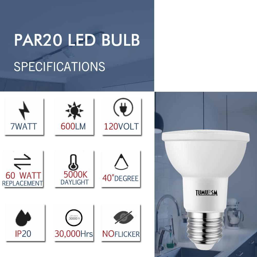 Tumupsm Par20 Led Bulb Daylight White 5000K Dimmable Flood Light 7W=60W Halogen E26 600Lm Track Recessed Lighting Bulbs 4 Pack