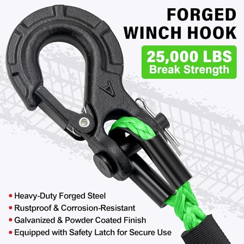 HOKINETY Synthetic Winch Rope Kit - 1/4" x 50' 10000 lbs Kinetic Recovery Cable for ATV UTV Off-Road Vehicles with Forged ...