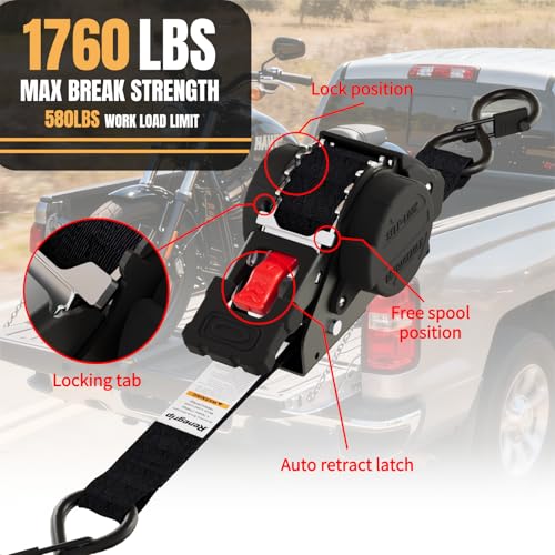 Renegrip Retractable Ratchet Straps Heavy Duty Tie Down 1''*12ft Breaking Strength 1760LBS Cargo Securing System,for Motor...