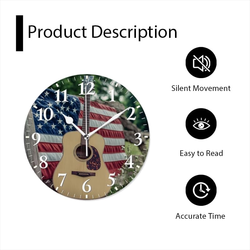 Guitar Wall Clock Non-Ticking Silent Clocks Battery Operated Analog Decor Clock for Home-Guitars Sitting On Fence with American Flag(16inch)
