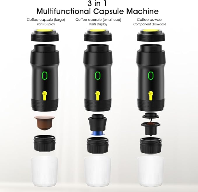 Portable Espresso Maker – 20 Bar Pressure Mini Coffee Machine, Battery Operated, Compatible with Ground Coffee and Select Pods, Includes Car Charger, for Hot & Iced Coffee (Black)