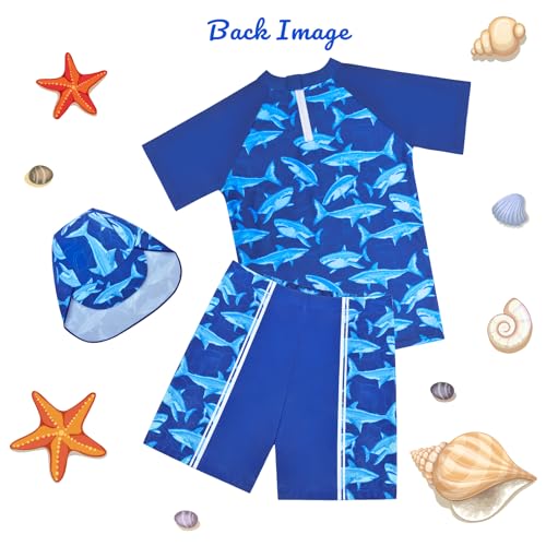 AuSletie Boys Two Pieces Swimsuit Set Short Sleeve Kids Rash Guard Dinosaur Boys Bathing Suit with Sun Cap for 2-6 Years