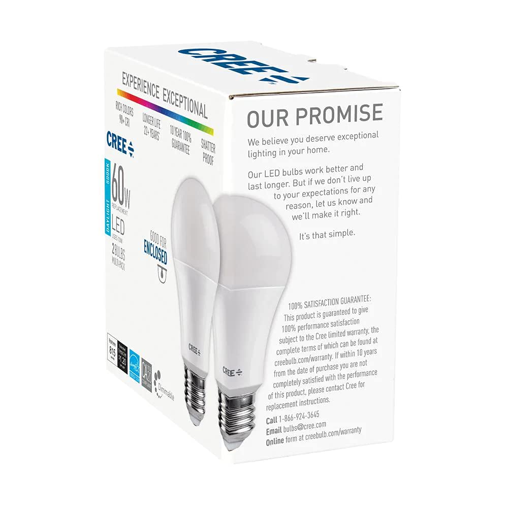 Cree Lighting A19 Led Bulb, 60W, 815 Lumens, 5000K Dimmable, Daylight, 2 Pack, Plastic