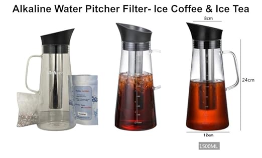 Alkaline Water Filter Pitcher with Infuser, Glass Pitcher with Lid 1.5L | 9.5 pH Alkaline Filters | Tea Pitcher | Borosilicate Glass | Infuser Pitcher (3 Pack (100g Filters))