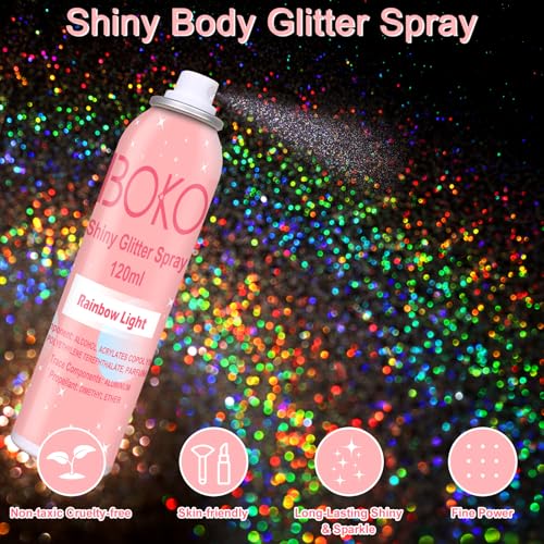 Boko Body Glitter Spray, 120ML Holographic Silver Shiny Glitter Spray for Body Hair Clothes, Quick-Drying and Long-Lasting...