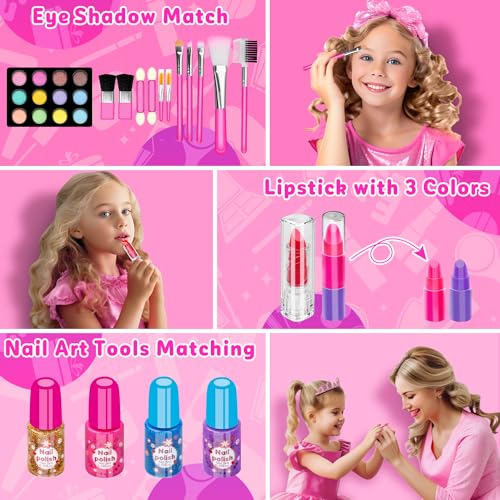 Hollyhi 58 Pcs Kids Makeup Kit for Girl, Princess Toys Real Washable Cosmetic Set with Mirror, Kids Makeup Sets for Girls,...
