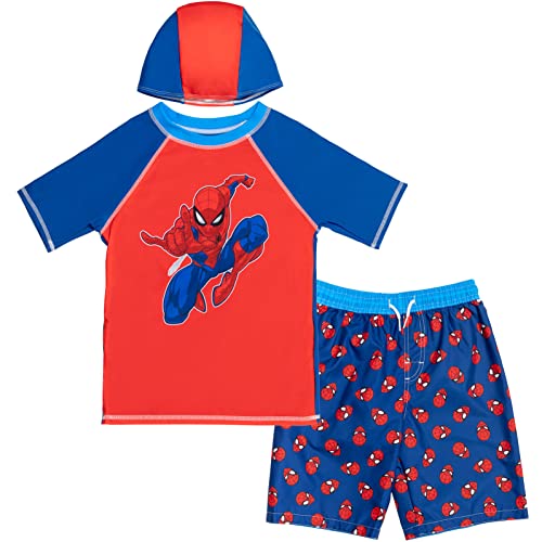Marvel Avengers Captain America Pullover Raglan Swim Cap & Swim Trunks Bathing Suit & Short Sleeve Rash Guard Swim Shirt