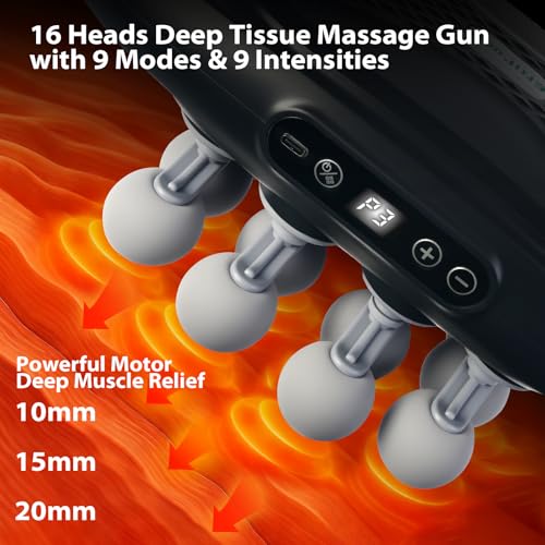 grnpeak 16 Head Massage Gun, Deep Tissue Percussion Massager with 9 Intensity Levels for Neck, Back, Shoulders, Legs Pain ...
