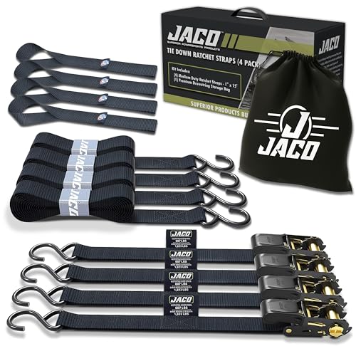 JACO Ratchet Tie Down Straps - 1 inch x 15 ft (Pack of 4) | 1,823 lbs (Black)