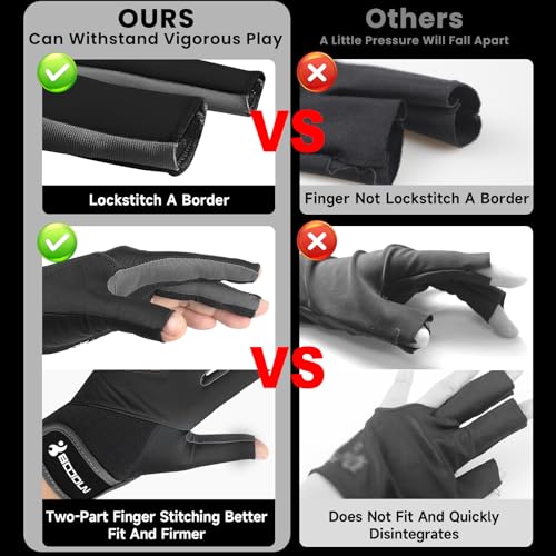 YFY Billiard Pool Gloves for Left Hand 3 Finger, Splicing Process, Snooker Cue Sport Glove Popular Sizes for Men & Women