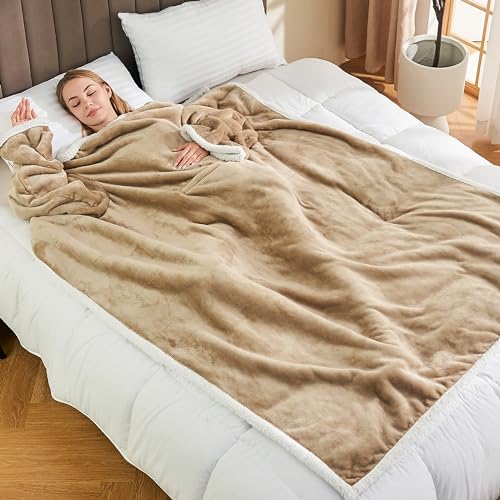 Ramees Sherpa Wearable Blanket with Sleeves and Pockets, Soft Warm TV Blanket Throw for Men and Women