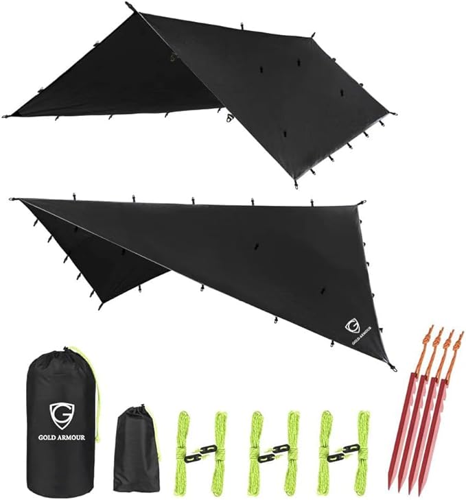 Gold Armour Rainfly Tarp Hammock, Premium 20ft x 14.3ft Rain Fly Cover, Waterproof Ultralight Camping Shelter Canopy, Must Have Camping Accessories Camping Essential (Black)