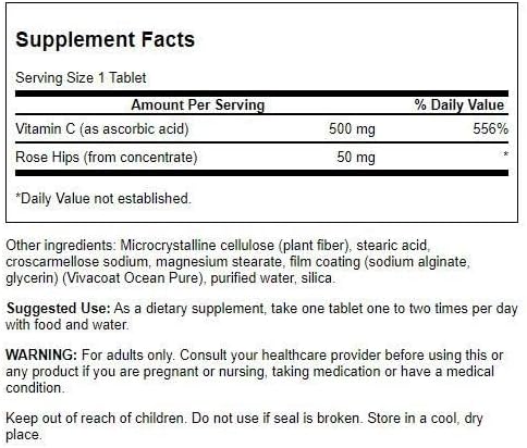 Swanson Vitamin C with Rose HIPS Immune System Support Skin Cardiovascular Health Antioxidant Supplement 500 mg 500 Tablets