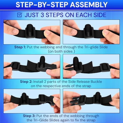 TECEUM Buckles & Strap Kit – 1" Black Nylon Webbing 6 (yd) – 6 Heavy Duty Adjustable Plastic Buckles – 12 Tri-Glide Slide ...