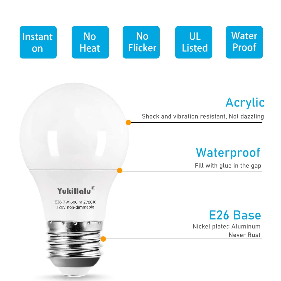 Yukihalu  A15 Appliance Light Bulb  60W Equivalent For Range Hood/Refrigerator Light Bulb/Ceiling Fan Light  600 Lumens 7W 120V 2700K Soft White E26 Base  Waterproof  Not Dimmable  2-Pack