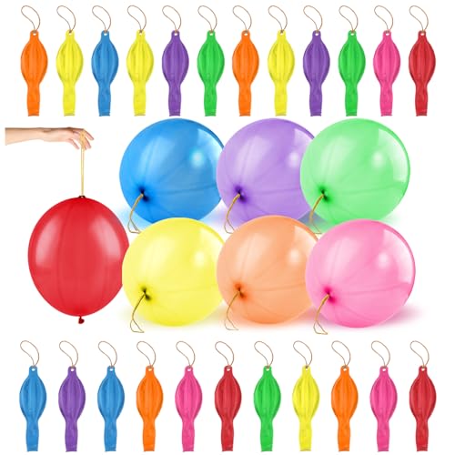 30pcs Punch Balloons for Kids, Thickened Neon Punching Balloon, Large Heavy Duty Balloons with Rubber Band Handle for Birt...