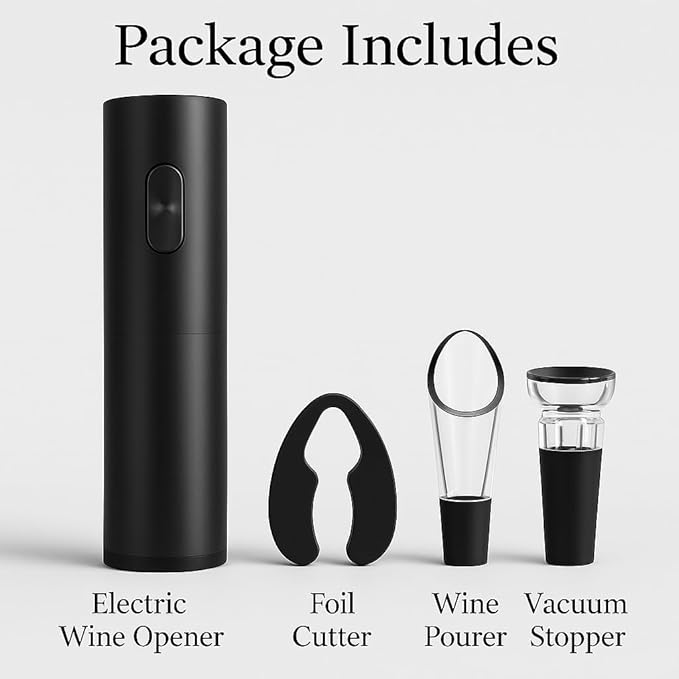5 in 1 AA Battery Operated Electric Wine Opener Set – Automatic Wine Bottle Opener with Storage Base, Vacuum Stopper, Foil Cutter & Aerator Pourer and Easy Cork Removal