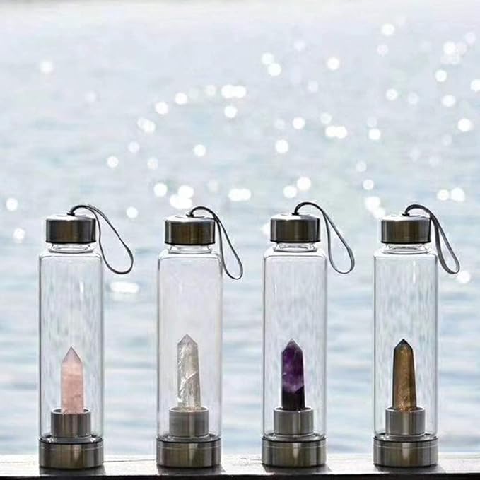 Crystal Glass Water Bottle, Glass Water Bottle with Changeable Natural Crystal Center, Quartz Gemstone Water Bottle for Natural