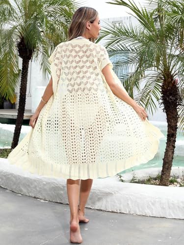 Womens Crochet Beach Cover Up Casual Cap Sleeve Kimono Swimsuit Summer Knit Long Cardigans Bathing Suit