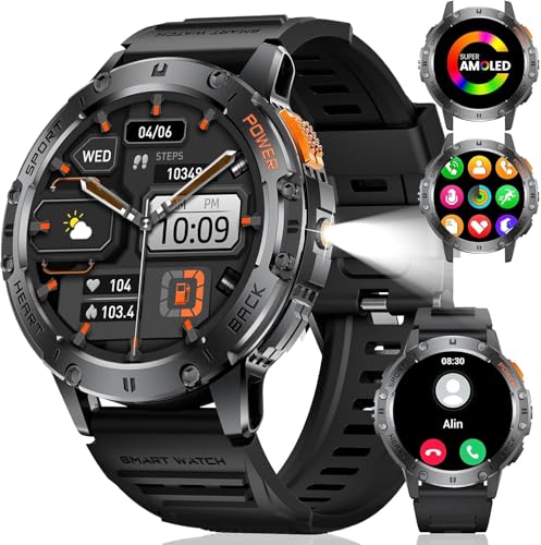LIGE Military Smart Watches for Men(Answer/Make Calls) with LED Flashlight,530mAh Large Battery,1.43’’ AMOLED Fitness Trac...