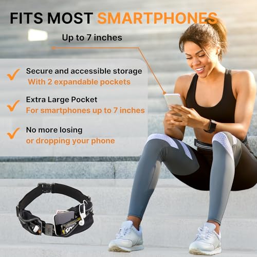 Running Belt for Women and Men, Waterproof Phone Holder for Running, Reflective 2-Pocket Waist Pack for Storing Runner’s E...