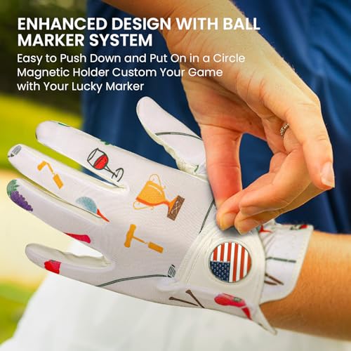 Amy Sport Womens Golf Glove with Ball Marker Rain Left Right Hand Leather Printed Pack, Ladies Golf Gloves All Weather Gri...