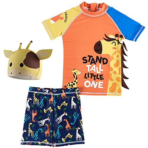 JELEUON Kids Baby Boys Two Piece Cartoon Giraffe Print Short Sleeve Swimsuits UV Rash Guard Swimwear Bathing Suits with Caps