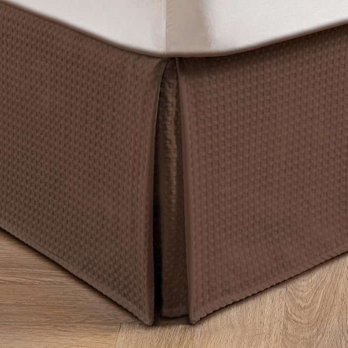 MIYE Pleated Waffle Weave Bed Skirt, Tailored Dust Ruffle 16 Inch Drop Easy Fit, Machine Washable (Brown, King - 16" Drop)