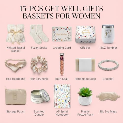 15pcs Get Well Soon Gifts Basket for Women - After Surgery, Self Care Gifts Package with Cozy Blanket, Socks, Spa Set, Car...