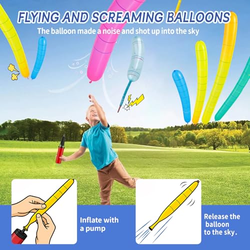 Rocket Balloons with 2 Pumps – 100pcs Whistling Flying Rockets + 5 Helicopter Balloon Toys, Screaming Air Rocket Set for K...