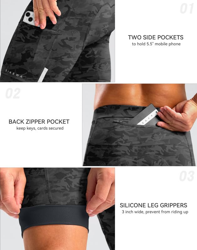 Bikewa Men's Bike Shorts 4D Padded Cycling Shorts for Men Road Riding Biking Bicycle Zipper Pockets