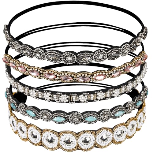 Teenitor 5pcs Hairbands for Women, 5 Rhinestone Beaded Headbands, Head Bands for Women's Hair Fashionable Handmade Crystal...