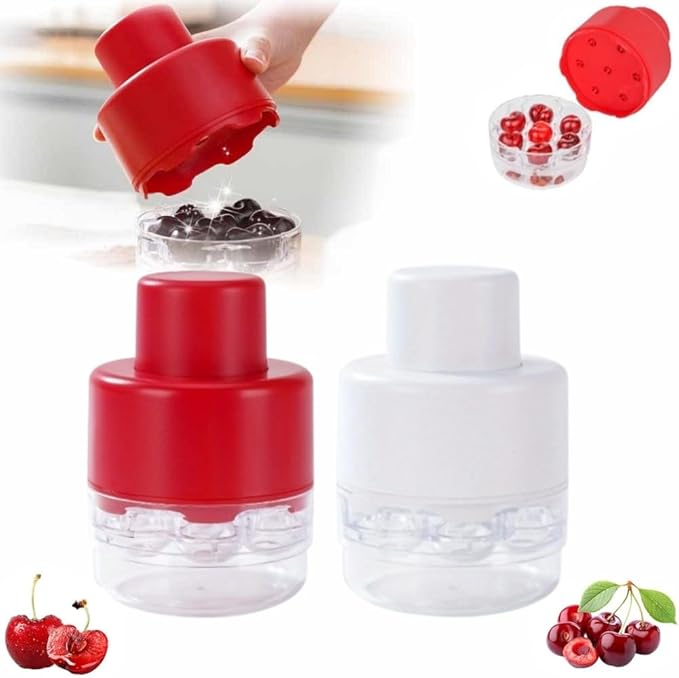 Cherry Pitter Tool Pit Remover, 2025 Upgraded 7-in-1 Portable Cherry Core Remover Stoner Pitter Quick Release, Multiple Corer Tool for for Kitchen, Cake Shop, Fruit Salad (Red+White)