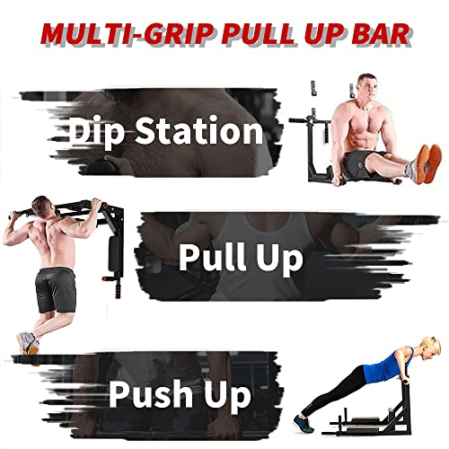 ptlsy Wall Mounted Pull Up Bar Multifunctional with Multi-grip Chin Up Bar Heavy Duty Dip Station for Home Gym Indoor Work...