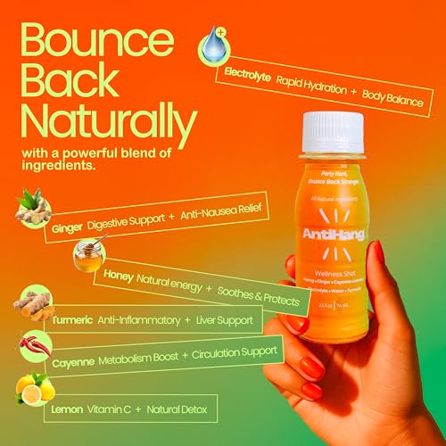 ANTIHANG Ginger Turmeric Wellness Shot - Weekend Recovery & Immunity Support - Honey Cayenne Electrolytes Lemon - Zero Sug...