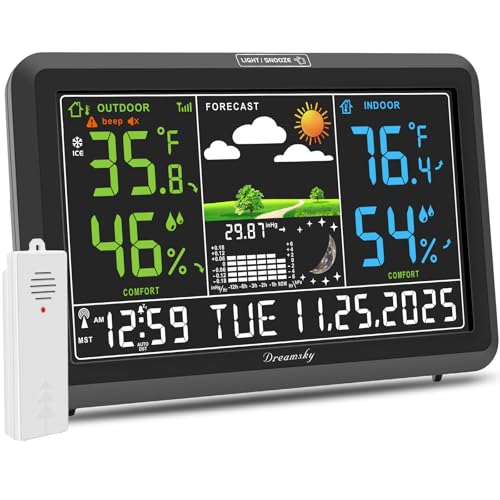 DreamSky Weather Station Indoor Outdoor Thermometer Wireless with Digital Atomic Clock for Home, Large Display with Dimme...