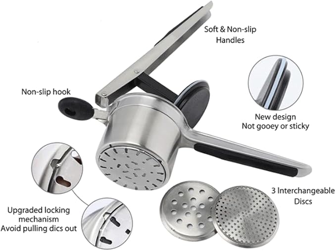 Potato Ricer Stainless Steel by DOERVISIT – Potato Ricer with catches that ensure the Fineness Discs will not dislodged when the handle is lifted up.