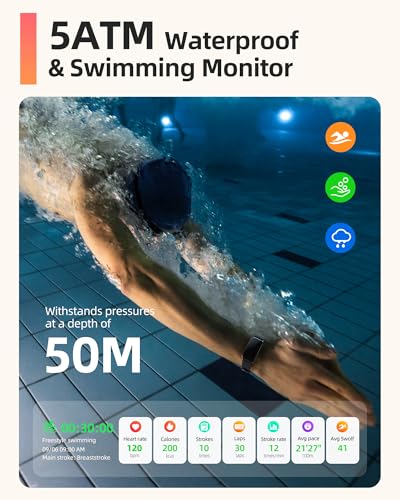 Parsonver 5ATM Waterproof Fitness Tracker, Swimming Smart Watch with Step Counter, Stopwatch, Pedometer, 24/7 Heart Rate/B...
