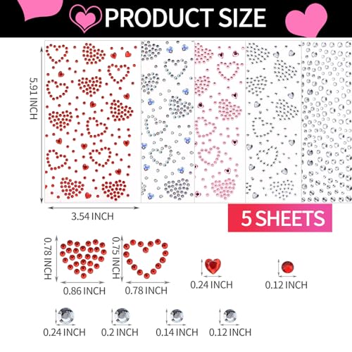 YGDZ Face Gems 5 Sheets Hair Gems, Self Adhesive Face Jewels Stickers, Heart Festival Face Gems Stick on, Rhinestone stick...