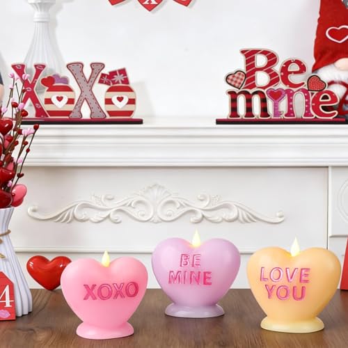 LCZLUMIPRO Valentine's Day Candles Heart Candle Flameless Candles Flickering 3 Pack Battery Operated LED Heart Shaped Candles with Realistic Warm Flame Effect Romantic Decor for Wedding Anniversary