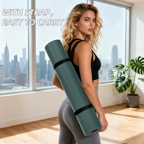 ILILI Yoga Mat 10mm Extra Thick and 193cm Extra Long, 76x28×0.4 Inch, Double Color Non-Slip TPE Material, Easy Carrying wi...