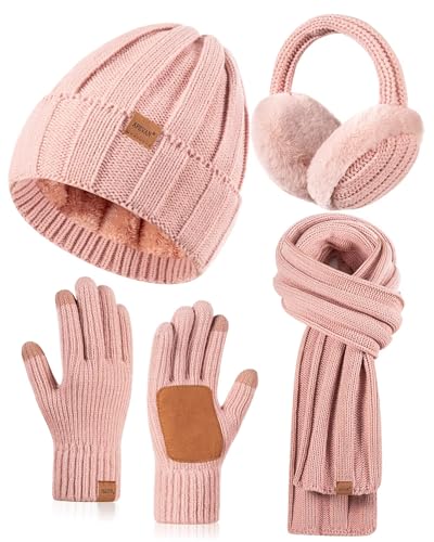 Winter Hat Gloves Scarf Earmuffs Set for Women, Fleece Lined Beanie Long Scarf Touchscreen Gloves Ear Warmer, 4 in 1 Gift Set