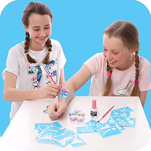 Original Stationery Glitter Tattoo Kit - 33-Piece Multicolor Set, Ages 3-8, 24 Stencils, 6 Color Pots, 2 Brushes & Adhesiv...