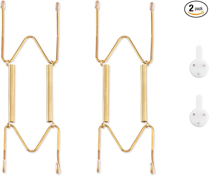 2 Pack Plate Hangers for The Wall, Suitable for 6-8 inch Art Plate, Stainless Steel Invisible Heavy Duty Wire Plate Holder with Wall Hooks, Plate Hangers for Displaying Plates, Platter, Dish, Gold